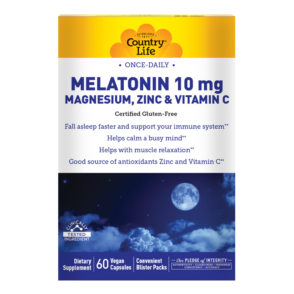 Натуральна добавка Country Life Melatonin 10 mg Magnesium, Zinc &amp; Vitamin C, 60 вегакапсул