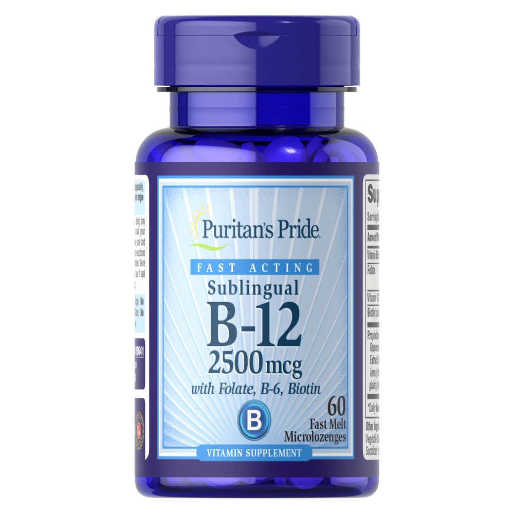 Вітаміни та мінерали Puritan's Pride Vitamin B-12 2500 mcg Sublingual with B9 B6 B7, 60 мікро льодяників