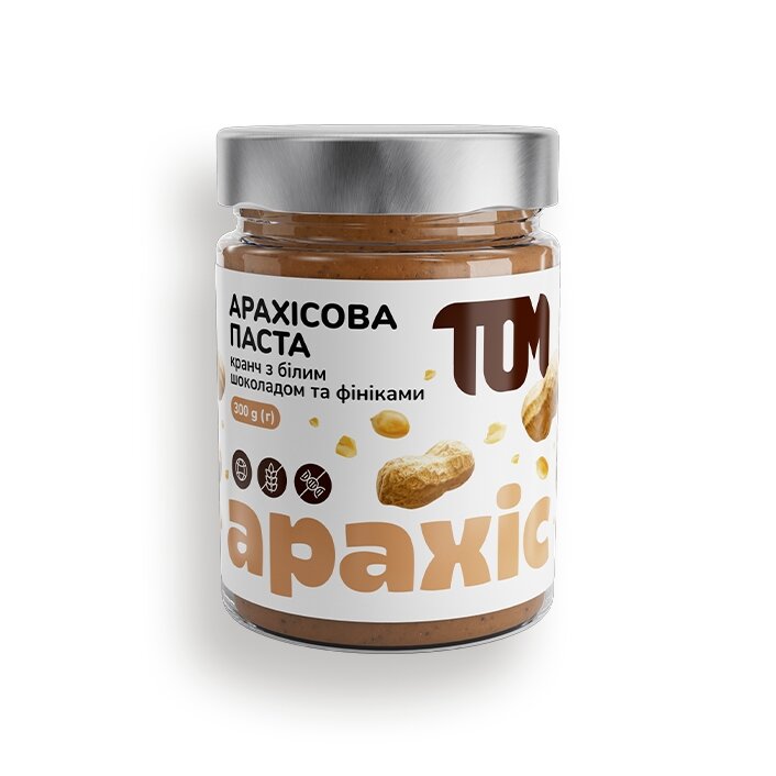 Замінник харчування TOM Арахісова паста кранч з фініками та білим шоколадом, 300 грамів - скло