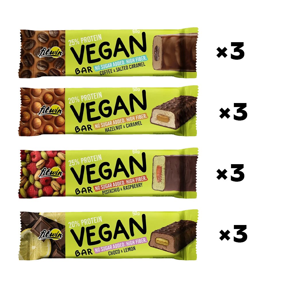 Батончик FitWin Vegan Bar БЛОК, 12*50 грам - МІКС СМАКІВ