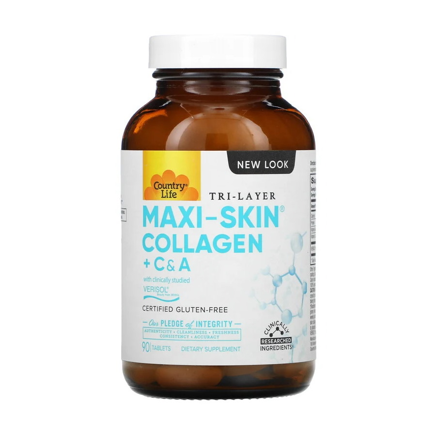 Натуральная добавка Country Life Maxi-Skin Collagen + C &amp; A, 90 таблеток