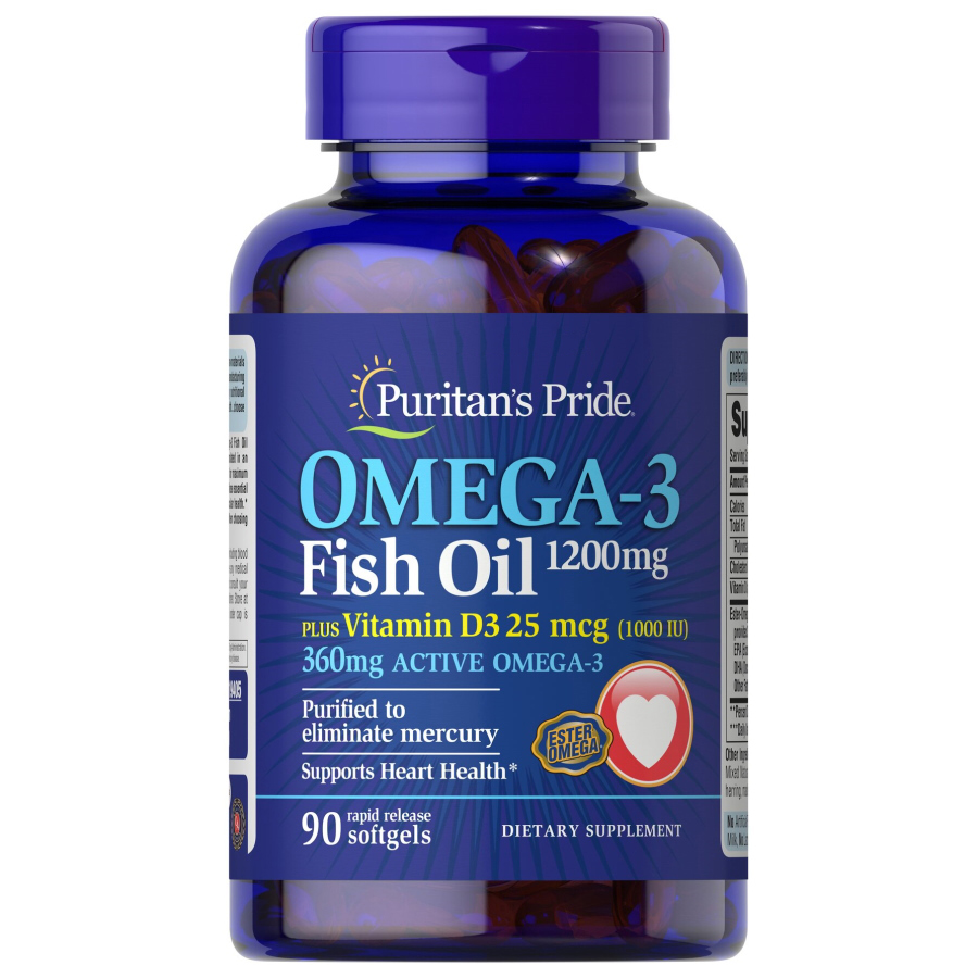 Жирные кислоты Puritan's Pride Omega 3 Fish Oil 1200 mg plus Vitamin D3, 90 капсул