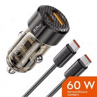 автомобильное в прикуриватель Toocki 60W (1 Type-C 30w + 1 USB 30w) + КАБЕЛЬ Black Transparent