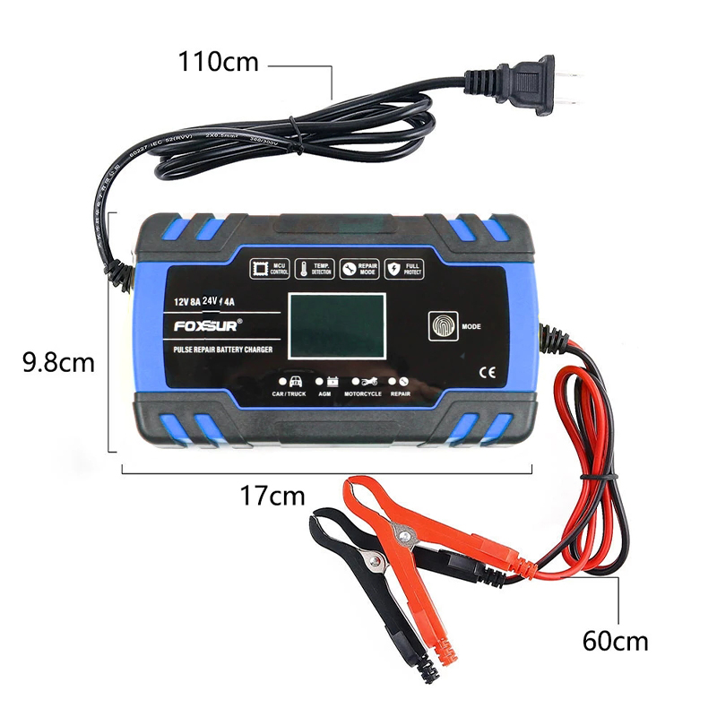 Foxsur 12V (24V) мощностью 8 Ah (4Ah) для аккумуляторов разных видов 6-150Ah, синий